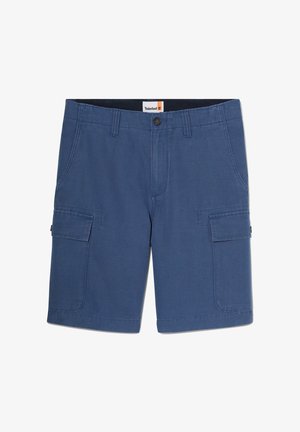 Shorts cargo bleus pour hommes avec bouton à l'avant, passants pour ceinture, poches plaquées latérales avec rabat, et étiquette Timberland sur la ceinture.