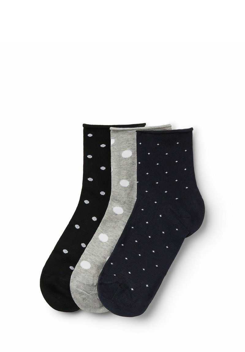 Drei Paare Knöchelsocken in Schwarz, Grau und Marineblau, jeweils mit kontrastierenden weißen Punkten, aus einem weichen, elastischen Material.