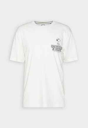 White cotton t-shirt with a round neck, short sleeves, and a graphic print showing a cartoon dog and the text "THE FUTURE IS BRIGHT."
