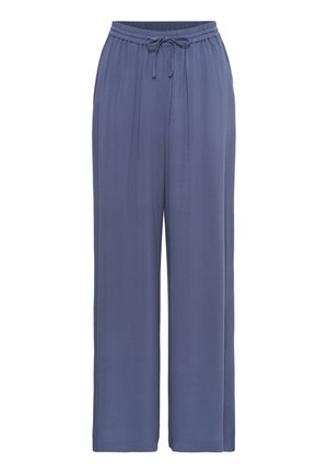 Pantalon large bleu à coupe ample avec taille élastique et cordon, conçu pour un confort décontracté et une facilité d’utilisation.