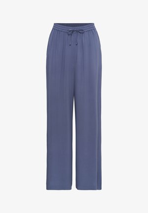 Pantaloni blu a gamba larga dalla vestibilità ampia, con elastico in vita e coulisse, progettati per il comfort informale e la facilità di utilizzo.