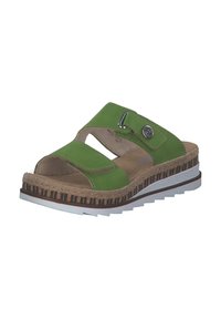 Grøn læderslide sandal med dobbelte stropper, en rund spænde, korkfodbed, tekstil- og gummisål, detaljeret med et sort og beige mønster.