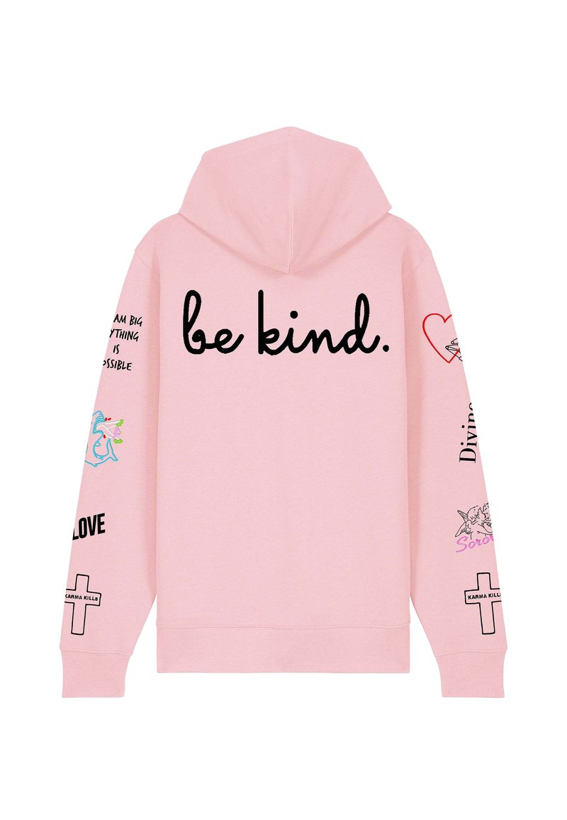 Felpa rosa con cappuccio e coulisse, con la scritta "be kind." sulla schiena, testo grafico e design, inclusi cuori e un unicorno sulle maniche.