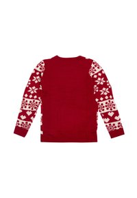 Maglione rosso lavorato a maglia con lunghe maniche bianche decorate con cuori e fiocchi di neve. Schiena rossa uniforme e polsini a coste all'orlo.