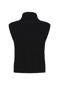 Musthave musta ilma varrukatega kõrge kaelusega kootud pullover, millel on soonikkoes pind ja külgmised lõhikud liikumisvabaduse jaoks.