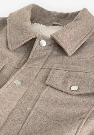 Braune Wollmischungjacke mit Kragen, großen Fronttaschen, silbernen Druckknöpfen und einem weichen, flauschigen Innenfutter.