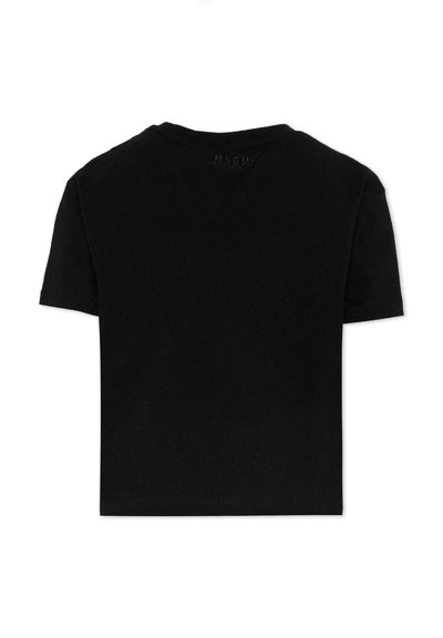 T-shirt noir à manches courtes avec col rond, coupe légèrement courte, et logo "MSGM" imprimé en noir au centre du haut du dos.