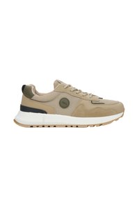 Beżowe sneakersy z siateczkową cholewką, akcentami z zamszu, okrągłym logo i białą podeszwą środkową. Posiadają teksturowaną gumową podeszwę zewnętrzną dla lepszej przyczepności.