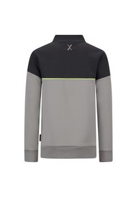 Pullover grigio e nero a maniche lunghe con colletto, sezione superiore strutturata e striscia verde accentata sulla schiena.