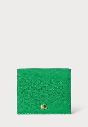 Green leather wallet with a textured finish, featuring a gold logo accent and a compact, rectangular design.