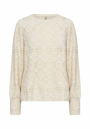 Hlboký top s dlhým rukávom zo čipky v krémovej farbe, s diamantovým vzorom a výrezmi, okrúhlym výstrihom a naťahovanými manžetami pre textúrované detaily.