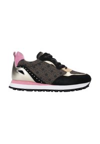 Sneaker nera e dorata con tomaia a motivo, dettagli rosa, intersuola bianca e suola testurizzata per una maggiore trazione.