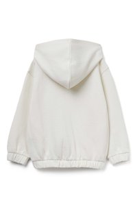 Felpa bianca in cotone con cappuccio regolabile, vita elastica e polsini, caratterizzata da una texture liscia e un design semplice.