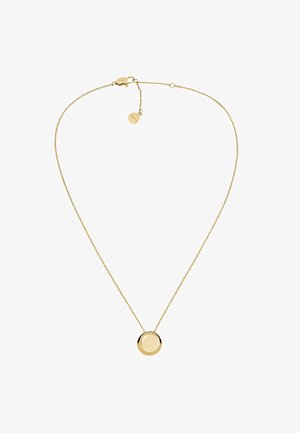 Collana d'oro con una catena sottile e un pendente rotondo e lucidato. Presenta un gancio e una catena di lunghezza regolabile con un piccolo cartellino.