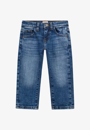 Jeans da bambino in denim blu con tasche frontali, passanti per cintura e chiusura con bottone, con leggero effetto sbiadito e etichetta del marchio sulla cintura.