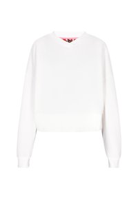 Valkoinen lyhyt hiha sweatshirt, jossa on V-pääntie, pitkät hihat ja ribbireunat. Valmistettu sileästä kankaasta, jossa on pehmeä rakenne.