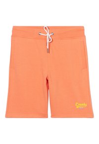Pantalones cortos de algodón naranja con cordón y bolsillos laterales, con un logotipo amarillo "Creeks" en la pierna izquierda y una textura lisa y uniforme.
