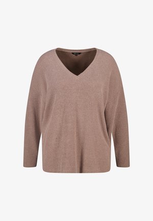 V-hals, lange mouwen gebreide trui in een lichtbruine tint met geribbelde textuur en een ontspannen pasvorm. Beschikt over verlaagde schouders en een brede silhouet.