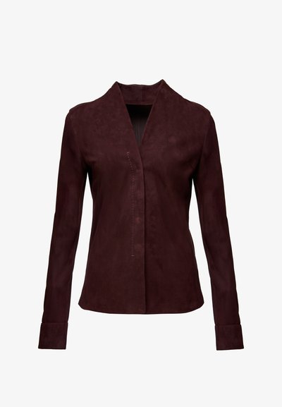 Bordoo sametjakk, millel on V-kujuline krae, pikad varrukad ja lihtne tikandiga esiosa ilma nuppude või täiendava riistvarata.