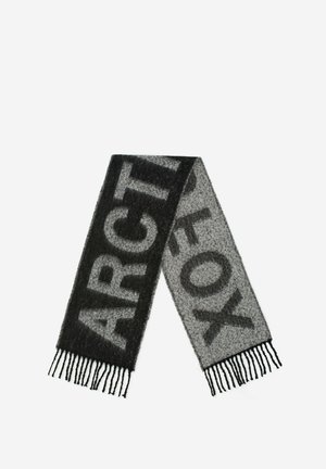 Black and gray knitted scarf featuring large block letters and fringed ends for texture. Made of soft material with a contrasting color pattern.