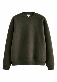 Dunkelgrüner Pullover, gefertigt aus strukturiertem Fleece, mit Rundhalsausschnitt sowie gerippten Bündchen und Saum. Verfügt über abgesenkte Schulternähte.