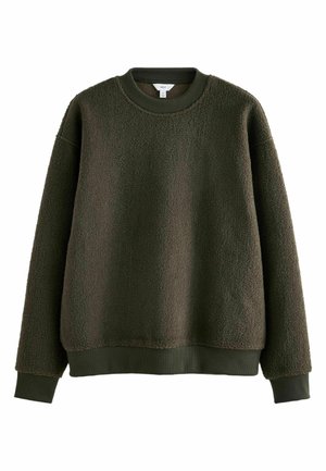 Hanorac pulover de culoare verde închis, fabricat din fleece texturat, cu gât rotund și manșete și tiv din tricot. Prezintă cusături la umeri căzute.