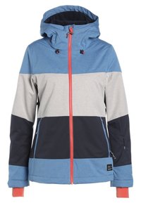 Veste à capuche pour femme avec des blocs de couleur horizontaux bleu, gris et noir, fermeture éclair rouge à l'avant et cordons ajustables à la capuche.