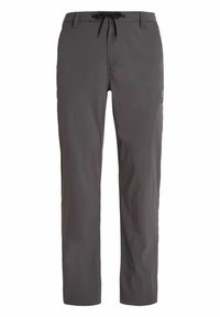 Grijze buitenbroek van lichtgewicht stof. Voorzien van een trekkoord in de taille en zijzakken. Rechte pijpen met een gladde textuur.