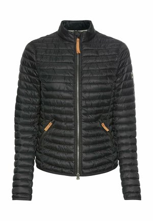 Sort pufferjakke med lynlås foran, kanalsyninger og to sidelommer. Har brune læderdetaljer nær lommerne.