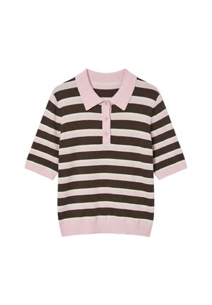 Polo à manches courtes avec rayures horizontales marron et rose clair, col rose clair, patte de boutonnage et poignets et ourlet côtelés.
