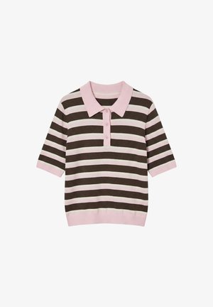 Polo à manches courtes avec rayures horizontales marron et rose clair, col rose clair, patte de boutonnage et poignets et ourlet côtelés.