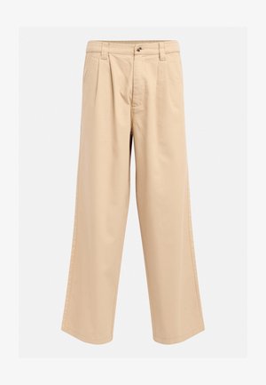 Beige wide-leg trousers made of cotton, featuring front pleats, a button closure, and standard belt loops. Smooth texture with a clean finish.