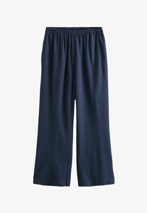 Pantaloni bleumarin, cu croială pe corp și picioare largi, fabricați dintr-un material texturat cu dungi verticale și o talie elastică pentru confort.