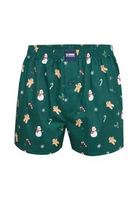 Zelené bavlněné trenýrky s vánočním potiskem perníkových mužů, sněhuláků, cukrových holí a sněhových vloček. Elastický pas a přední knoflík.