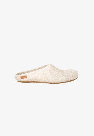Felted wool slipper in light beige, with a closed toe design and a tan leather label. Smooth texture and soft finish.