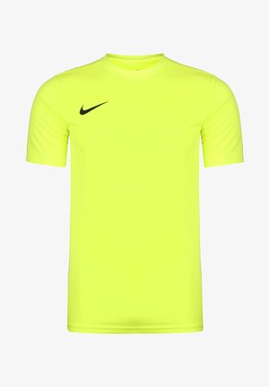 T-shirt de sport jaune fluorescent à manches courtes avec col rond et petit logo noir Nike sur le côté droit de la poitrine.