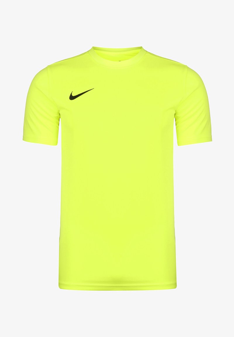 T-shirt de sport jaune fluorescent à manches courtes avec col rond et petit logo noir Nike sur le côté droit de la poitrine.