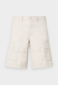 Beige cargoshorts met twee zijzakken, gemaakt van duurzaam stof, voorzien van riemlussen, een knoopsluiting en rechte pijpen.