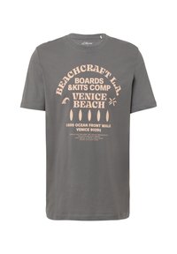 Grijze katoenen T-shirt met korte mouwen, voorzien van een crèmekleurige grafische print met de tekst "Beachcraft L.A. Venice Beach" en decoratieve elementen.