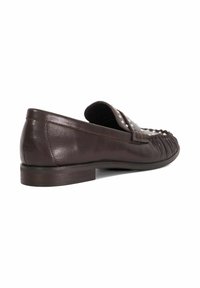 Brown leather loafers with a flat sole, featuring pleated design and decorative studs on the vamp. Smooth texture and rounded shape.