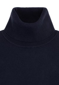 Ciemnoniebieski sweter z golfem wykonany z miękkiej dzianiny. Posiada wysoki, prążkowany kołnierz oraz gładką teksturę.