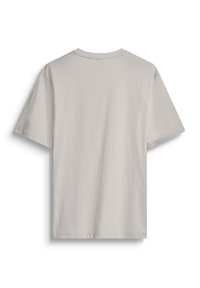 T-shirt in cotone grigio chiaro a maniche corte, mostrato dal retro, con scollo rotondo e orlo dritto.