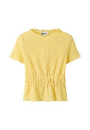 Blouse jaune à manches courtes texturée avec taille élastique et bords froncés au col, aux manches et à l'ourlet.