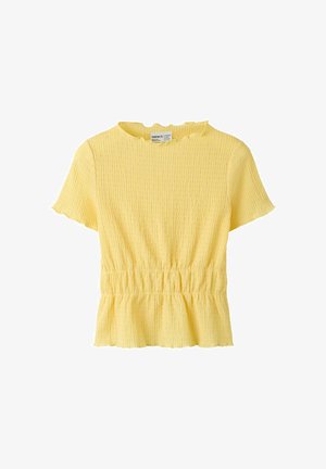 Żółta teksturowana bluzka z krótkim rękawem, elastyczną talią i marszczonymi brzegami na kołnierzu, rękawach i dolnym brzegu.