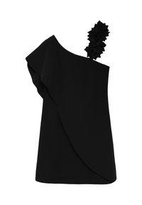 Aszimmetrikus fekete felső fodros vállrésszel és virágos díszítéssel. Puha anyagból készült, elegáns fazonnal és egy rövid ujjal.