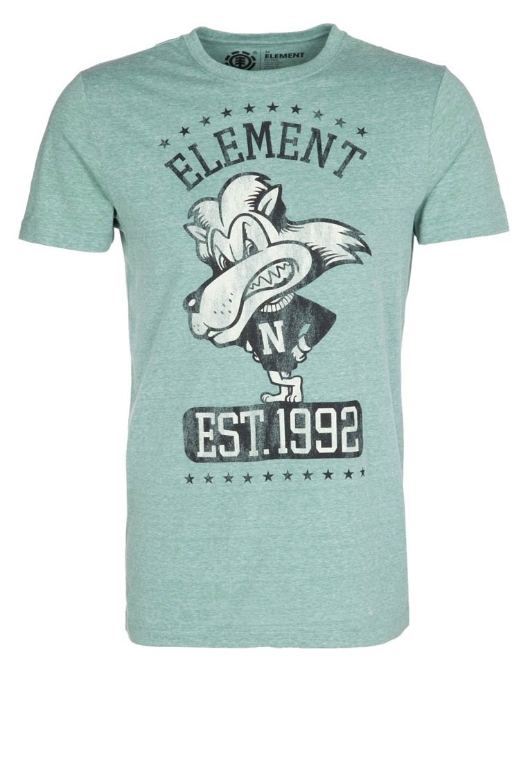 Ty větrná zelená bavlněná trička s motivem vlčího maskota, textem "ELEMENT" a "EST.1992" pod ním, s kulatým výstřihem a krátkými rukávy.