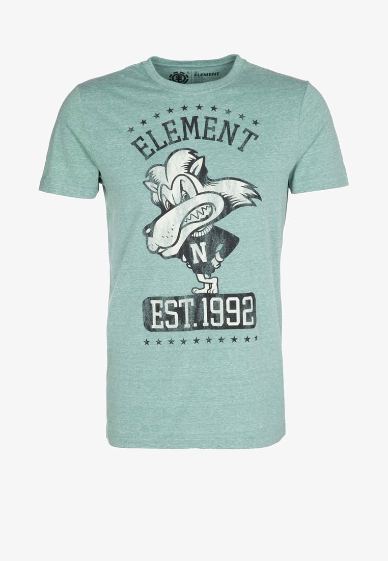 Ty větrná zelená bavlněná trička s motivem vlčího maskota, textem "ELEMENT" a "EST.1992" pod ním, s kulatým výstřihem a krátkými rukávy.