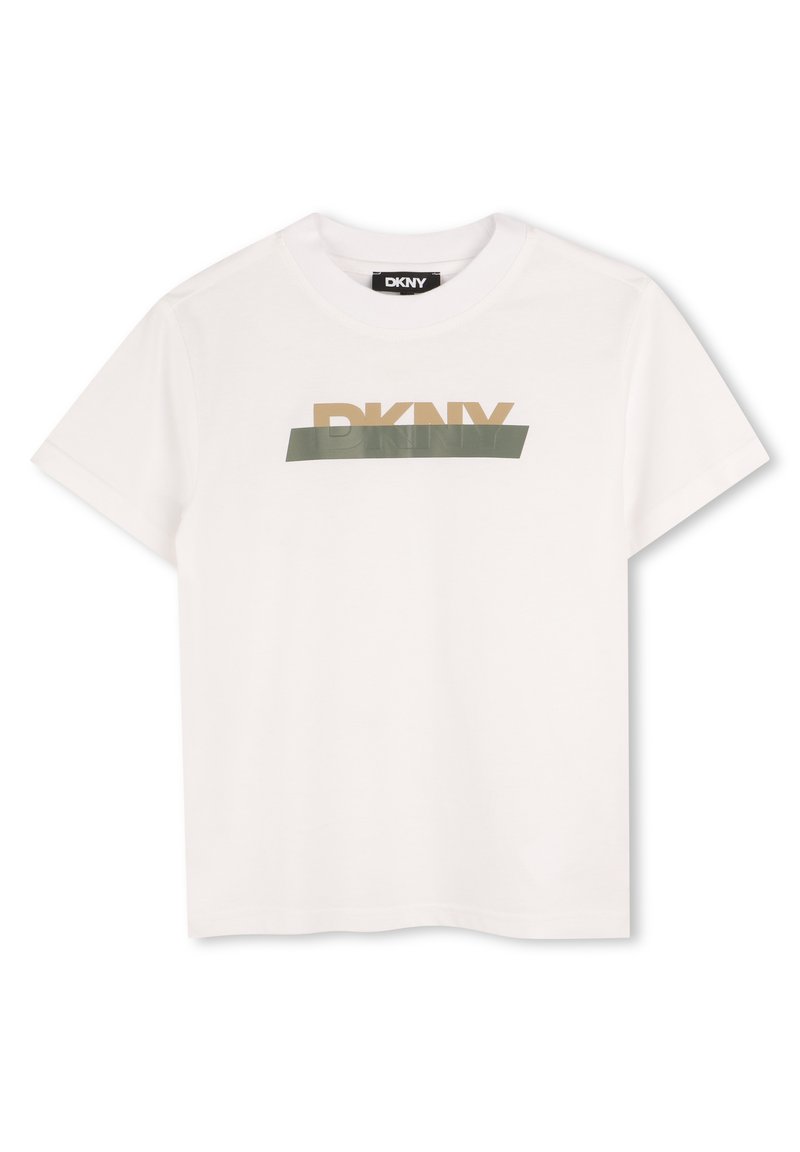 Witte katoenen T-shirt met een platgebreide ronde halslijn en korte mouwen, met een DKNY-logo in olijfgroen en tan over de voorkant.