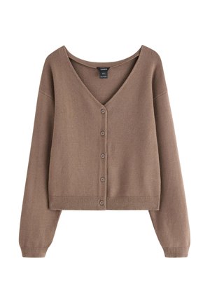 Hnědý zkrácený cardigan s výstřihem do V, dlouhými rukávy a zapínáním na knoflíky. Vyrobený z měkkého materiálu s žebrovanými detaily na lemech a manžetách.