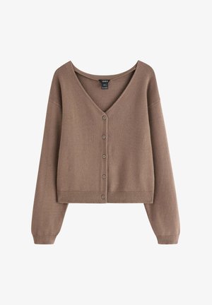 Cardigan corto marrone con scollo a V, maniche lunghe e chiusura con bottoni. Realizzato in materiale morbido con dettagli a costine all'orlo e ai polsini.